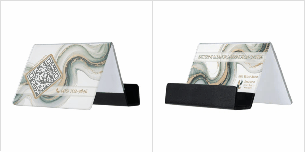 Sleek sage and gold marble realtor logo QR code desk business card holder